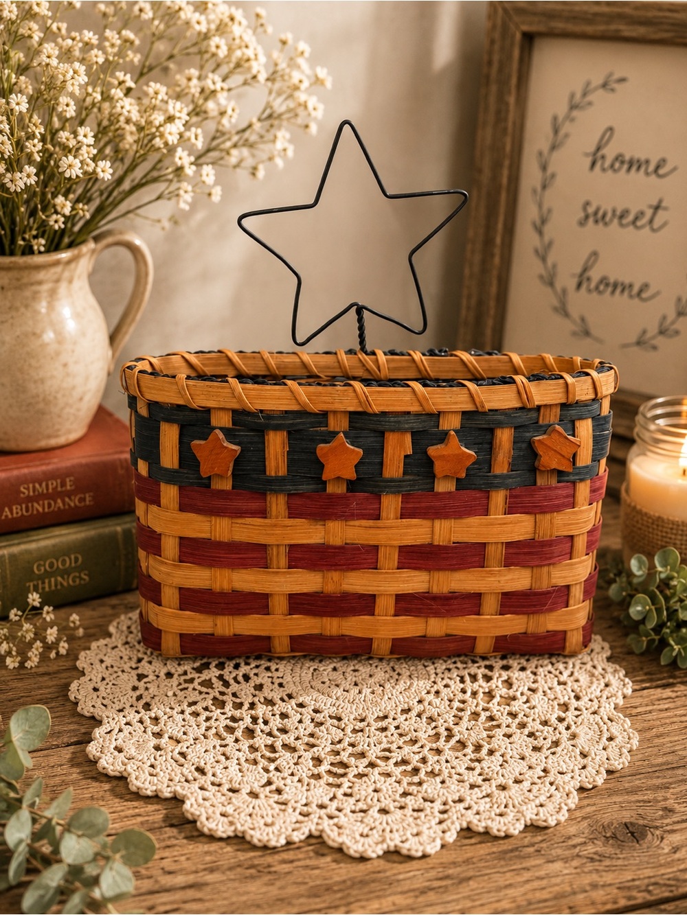 Handwoven Decorative Basket with Star Accents - Red, Black, Natural